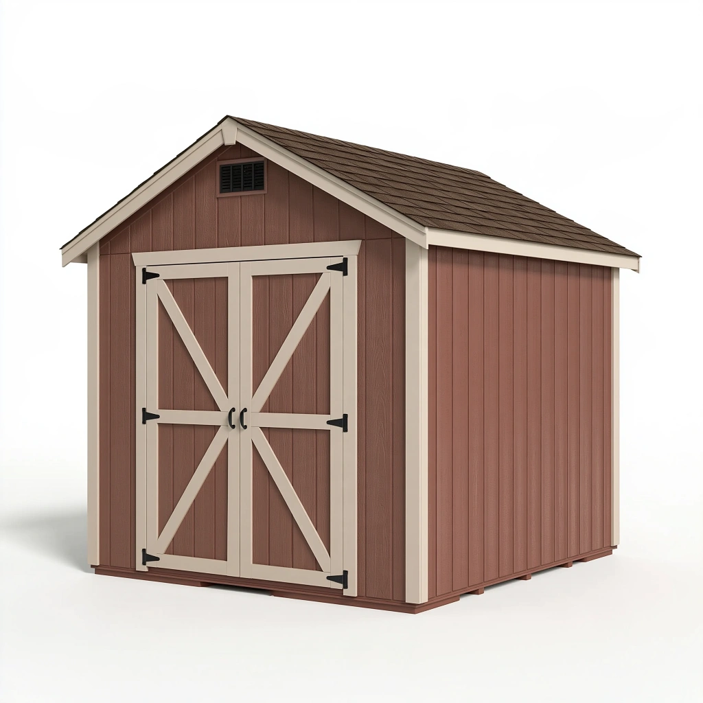 Abri de jardin 213 x 191 x 226 cm en résine marron et beige à double porte style grange
