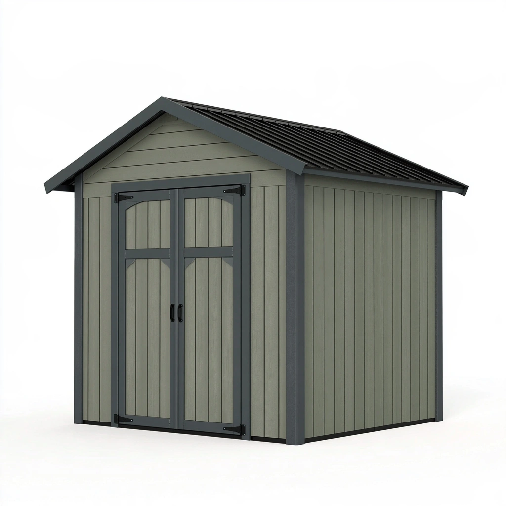 Abri de jardin 180 x 120 x 210 cm en résine gris vert avec double porte et toit incliné