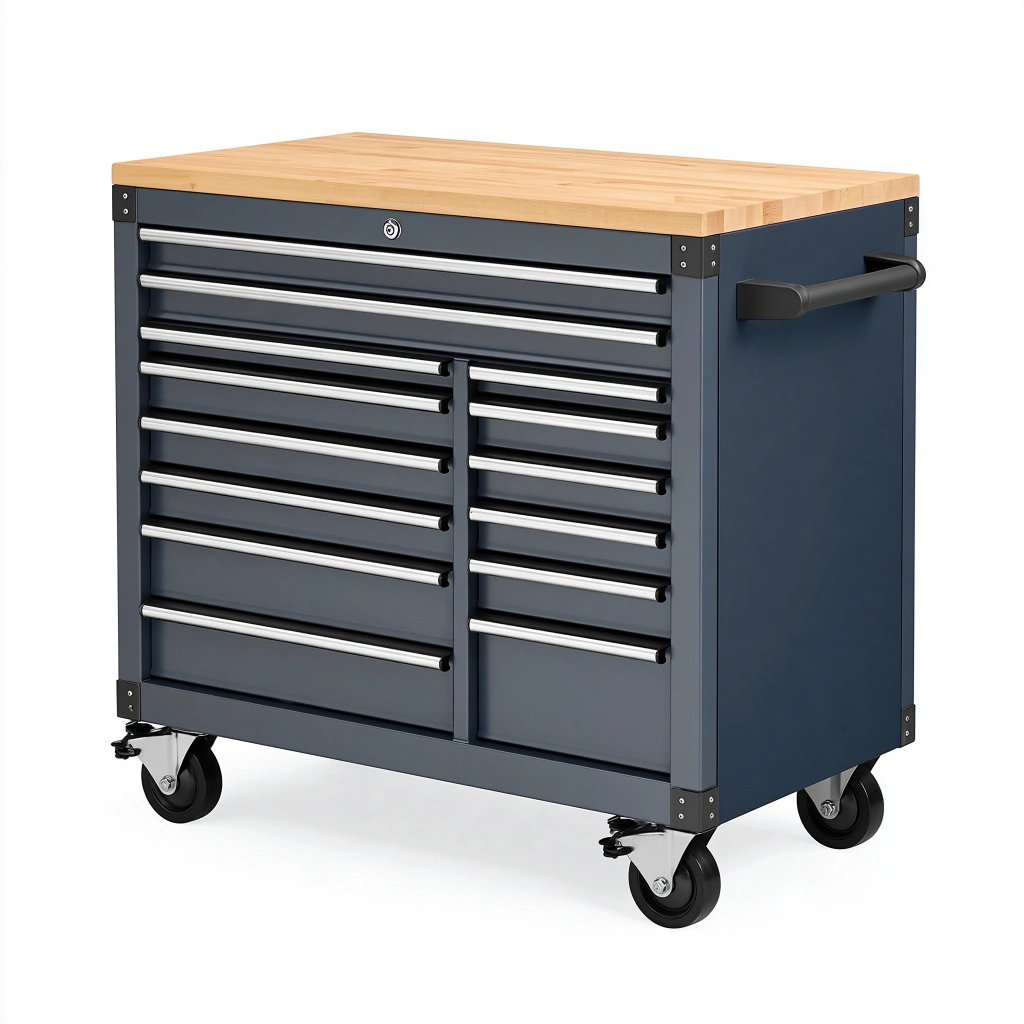 Servante d'atelier 105 x 55 x 95 cm en acier bleu avec plateau en bois à roulettes