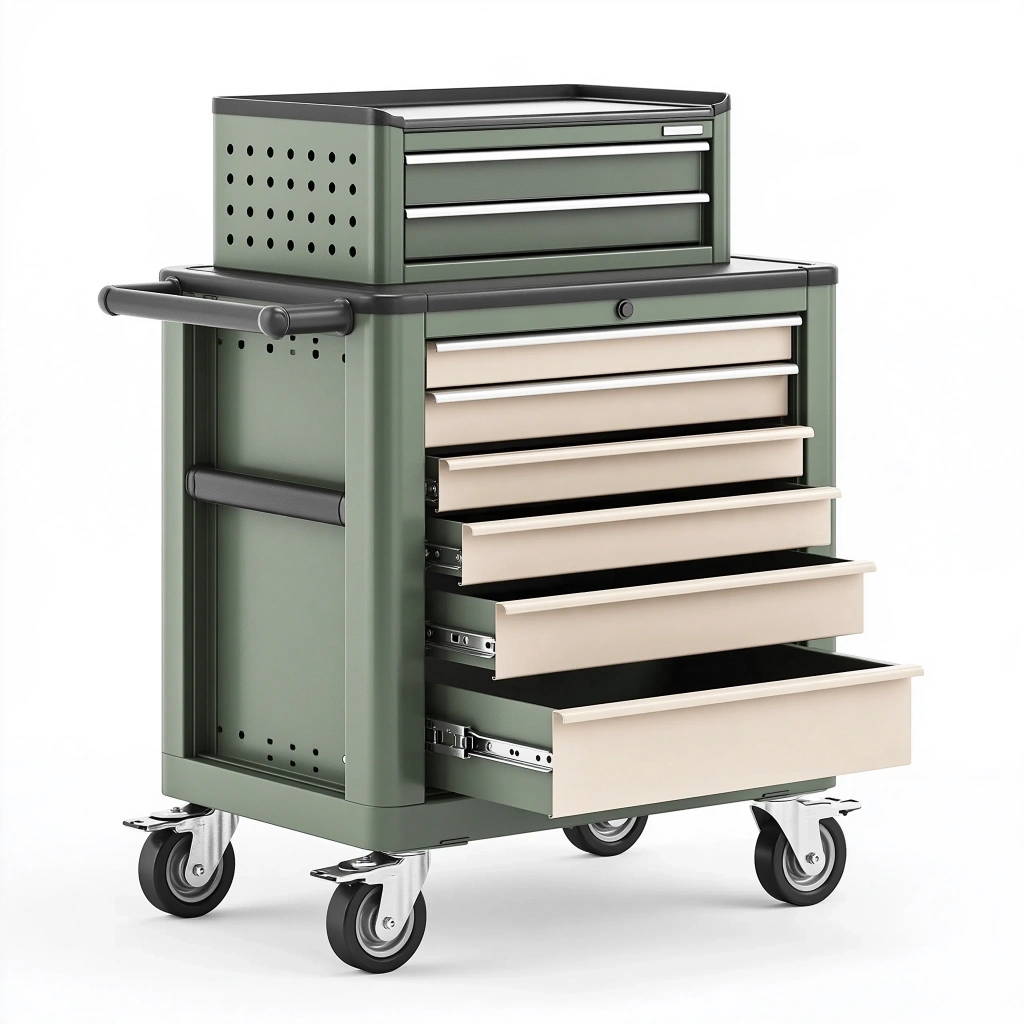 Servante d'atelier 75 x 45 x 95 cm en acier vert kaki avec 8 tiroirs et roulettes