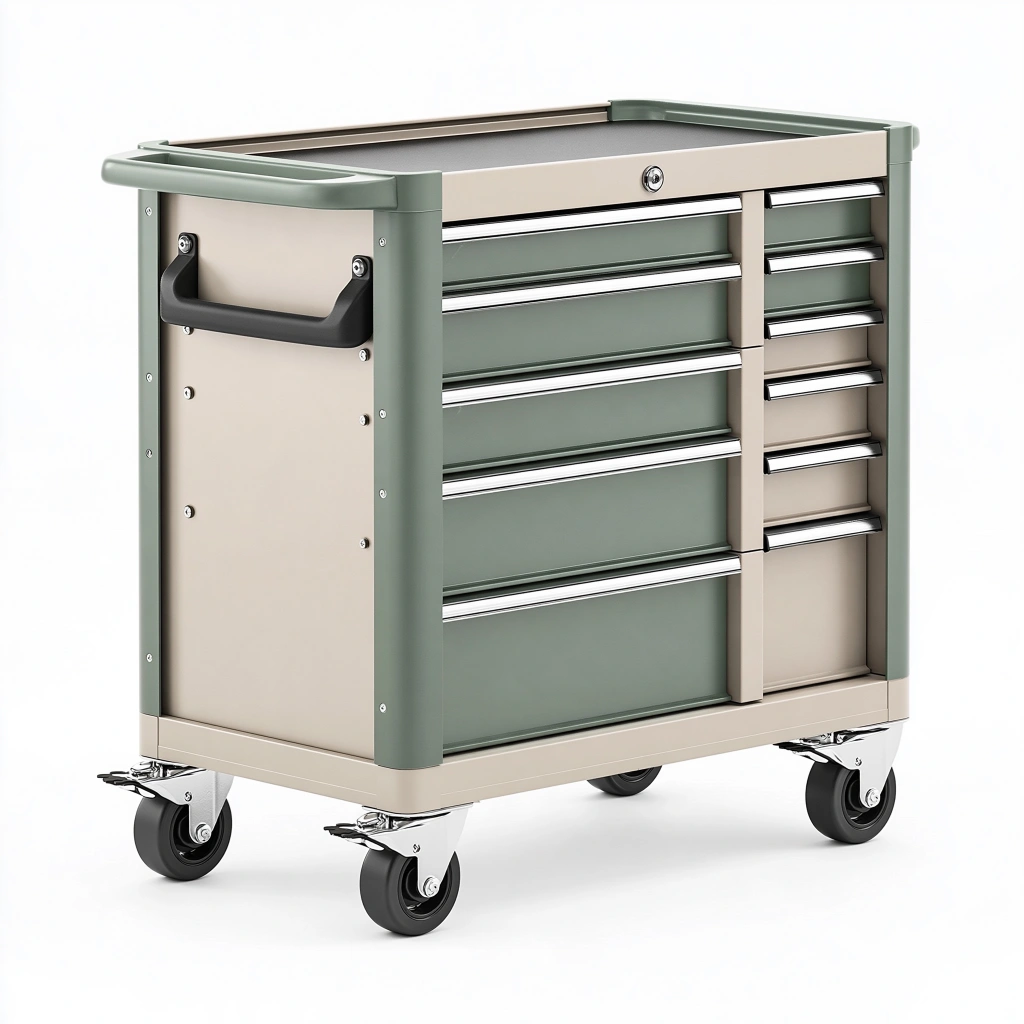 Chariot à outils 85 x 46 x 95 cm en acier vert sauge et beige à roulettes avec rangements verrouillables