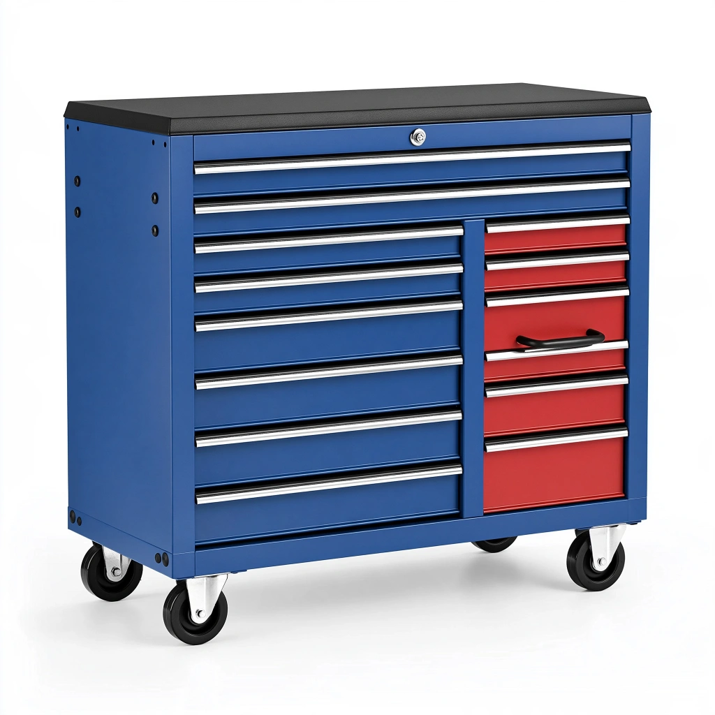 Servante d'atelier 120 x 60 x 95 cm en acier bleu rouge mobile à 14 tiroirs