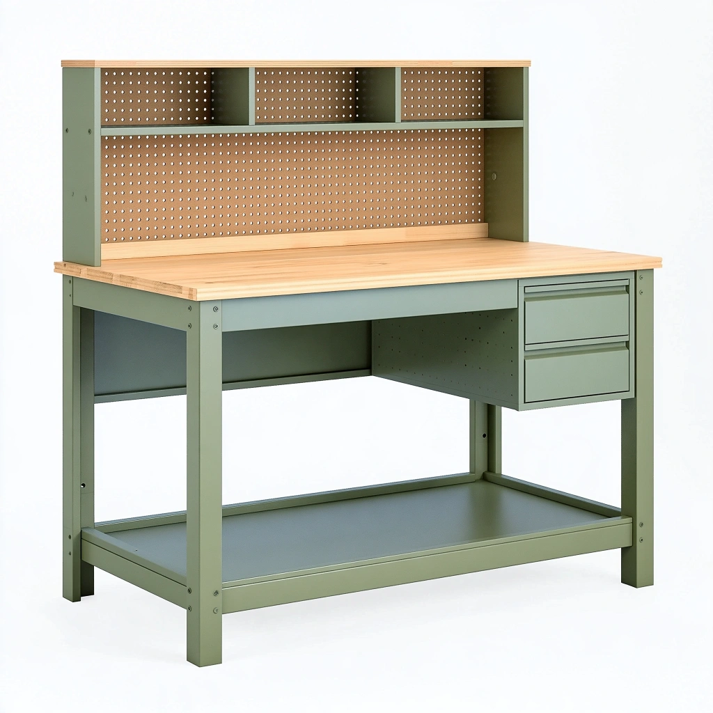 Établi d'atelier 120 x 60 x 150 cm en métal vert et bois avec panneau perforé et tiroirs