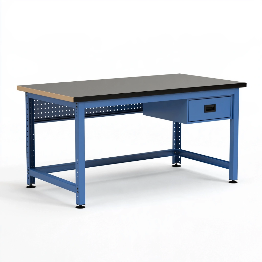 Établi 120 x 60 x 85 cm en acier bleu avec plateau en bois et tiroir - atelier industriel