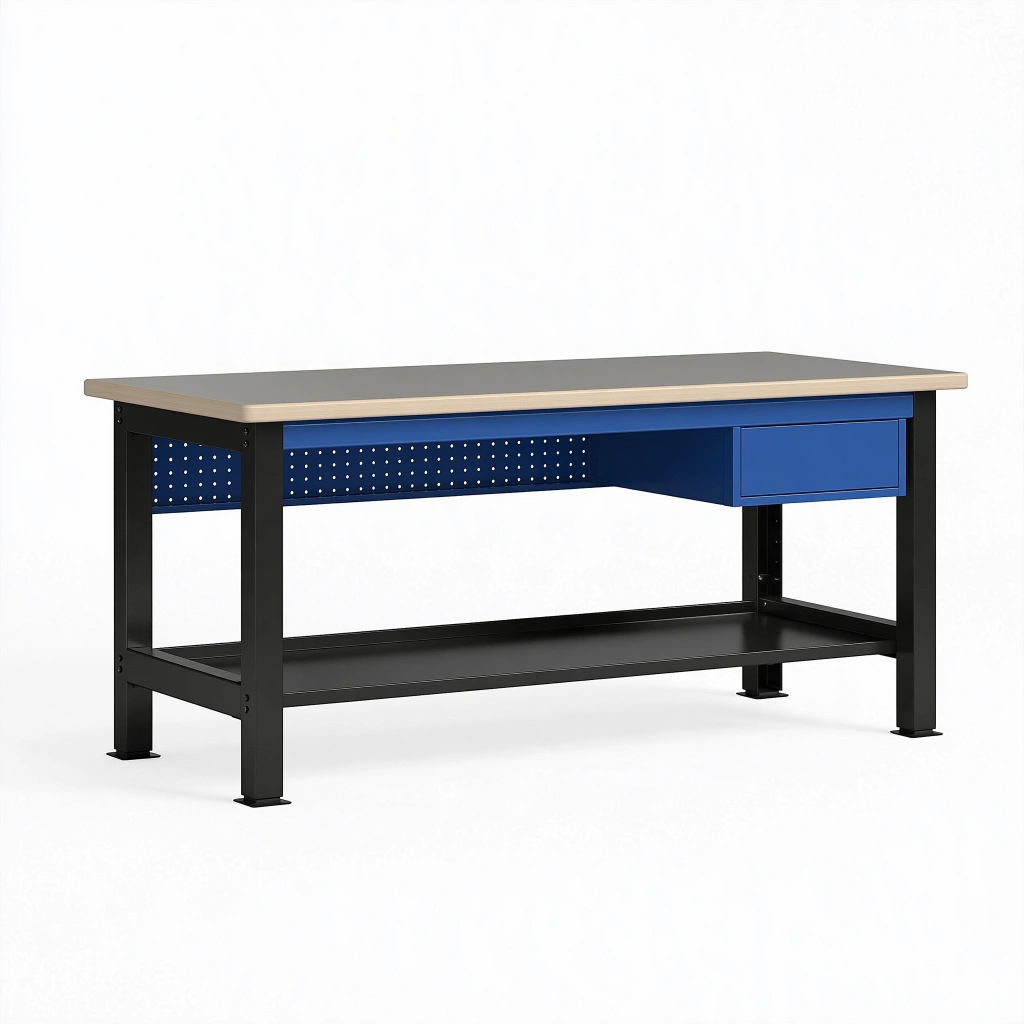 Établi d'atelier 120 x 60 x 90 cm en acier noir et bleu avec plateau effet bois et tiroir