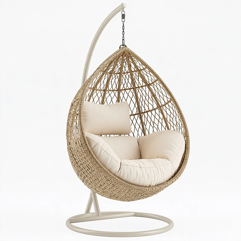 Fauteuil suspendu 105 x 105 x 195 cm en résine tressée beige avec support métallique style bohème
