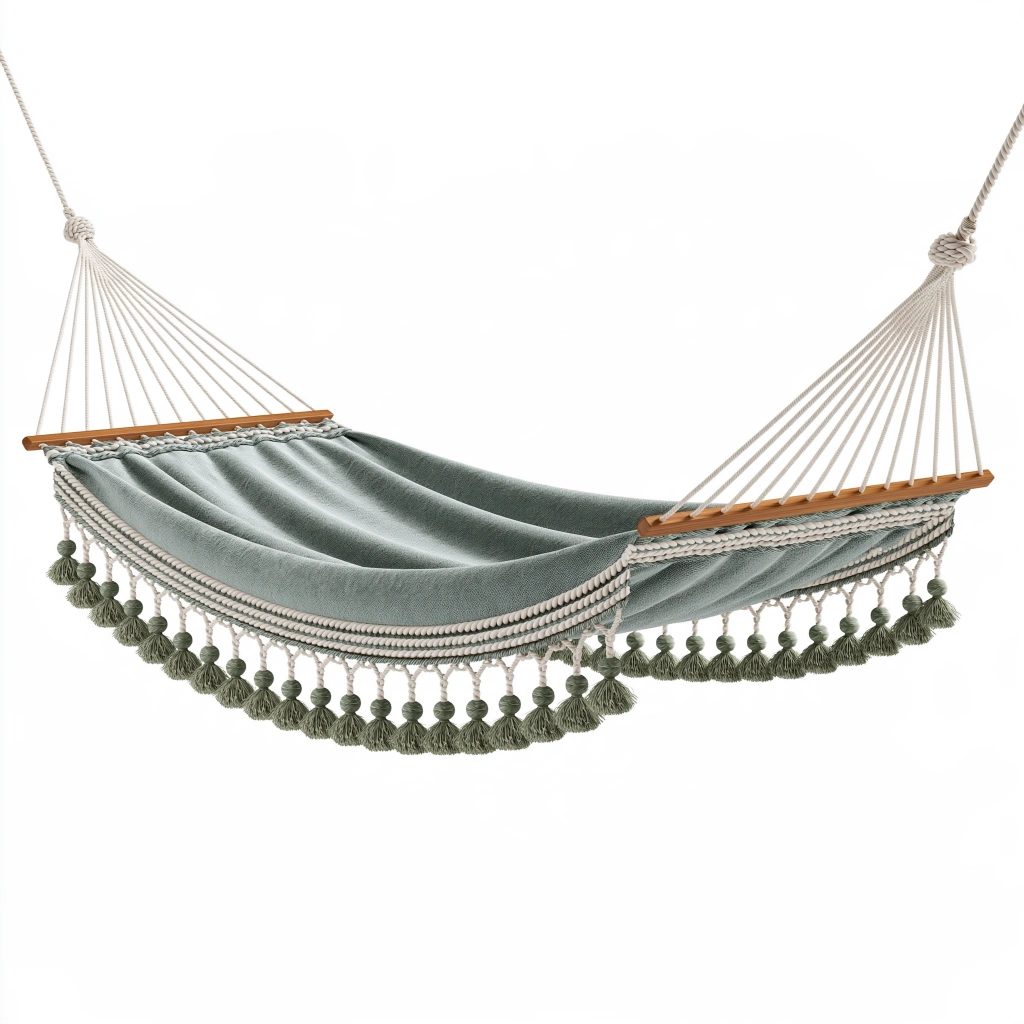 Hamac 200 x 100 cm en tissu vert sauge avec barres en bois style bohème pour jardin