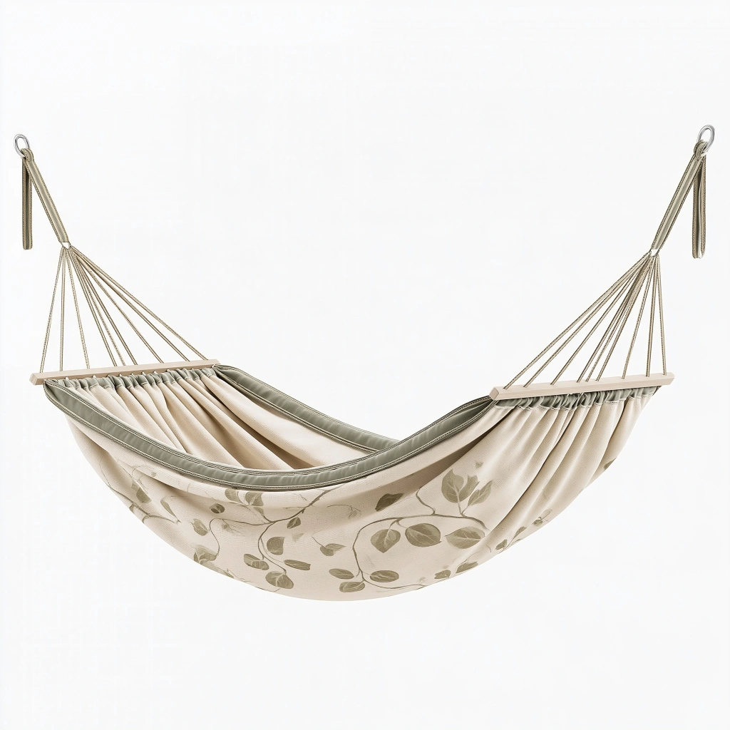 Hamac 200 x 100 cm en tissu beige et vert olive à motif végétal avec suspension intégrée