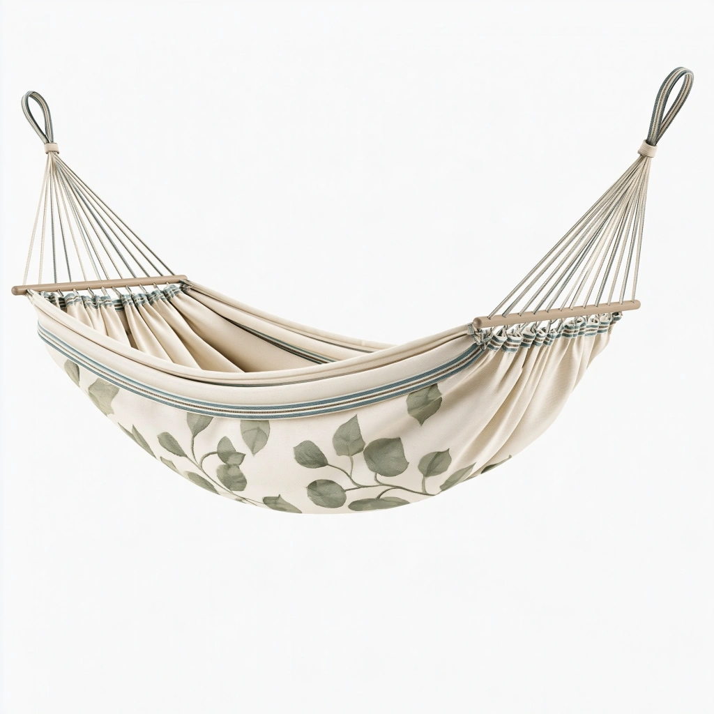 Hamac 300 x 140 cm en toile de coton écrue et verte avec barres en bois pour extérieur