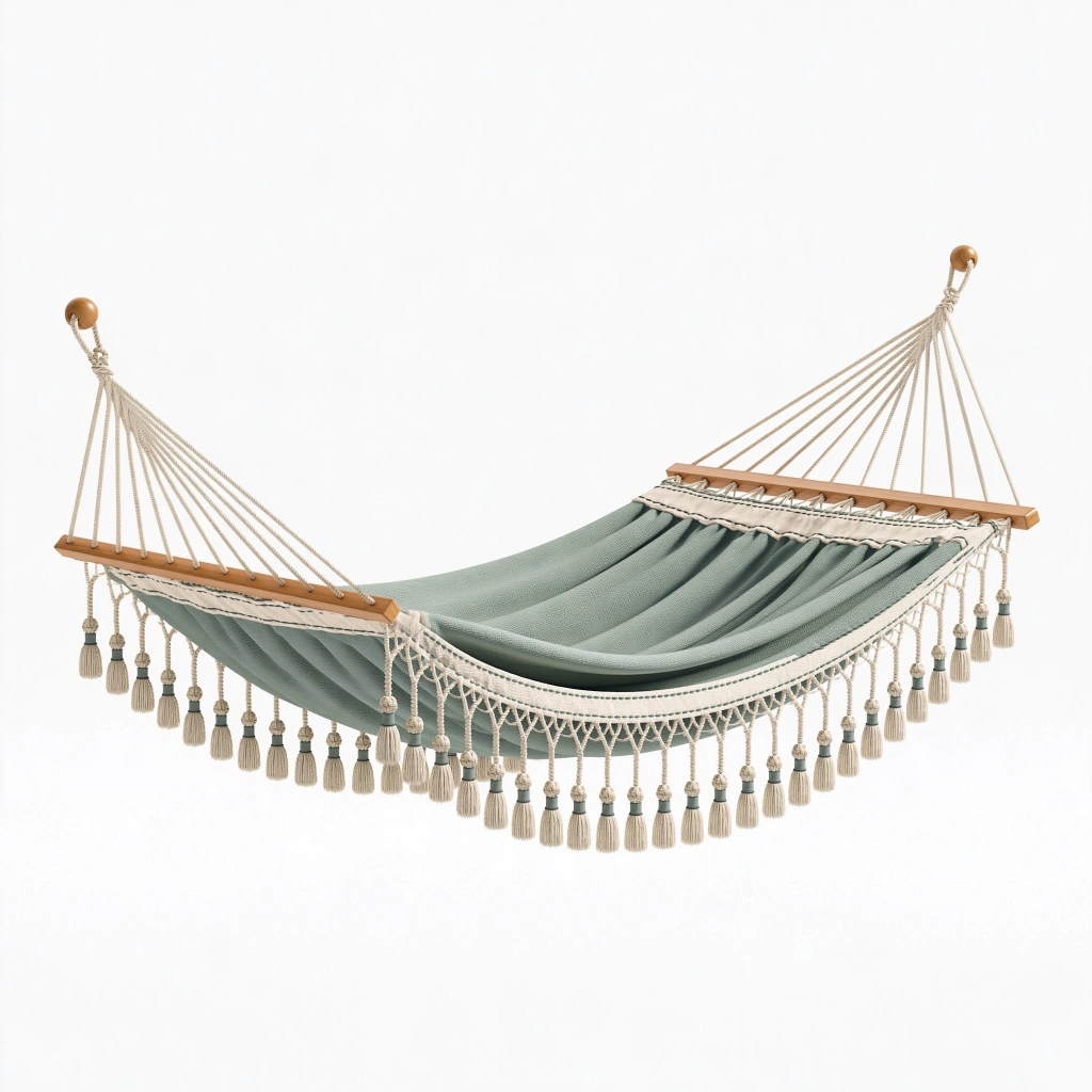 Hamac 300 x 100 cm en tissu vert sauge avec barres en bois style bohème