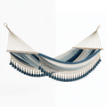 Hamac 300 x 100 cm en tissu bleu et beige à franges style bohème