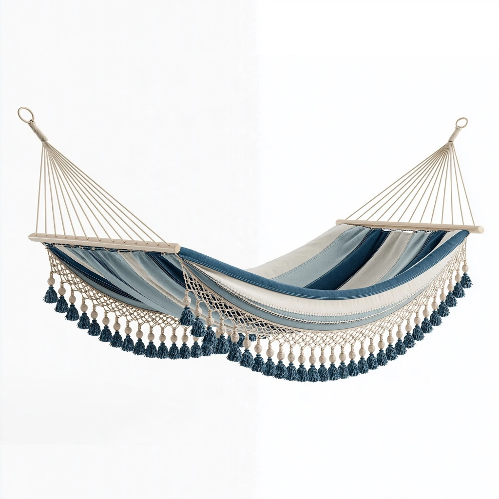 Hamac 300 x 100 cm en tissu bleu et beige à franges style bohème