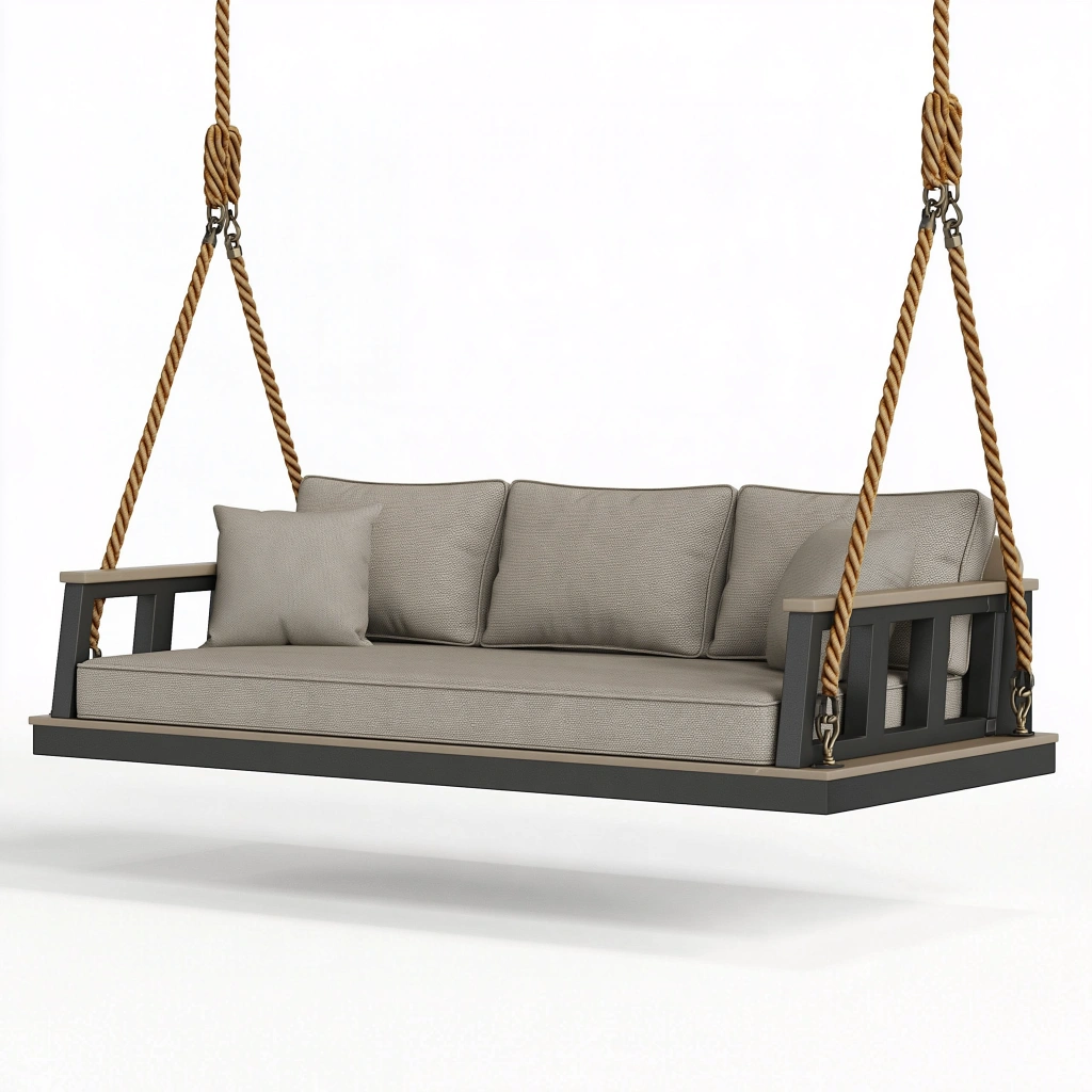 Balancelle suspendue 3 places 200 x 80 x 65 cm en métal noir et corde beige pour terrasse style contemporain