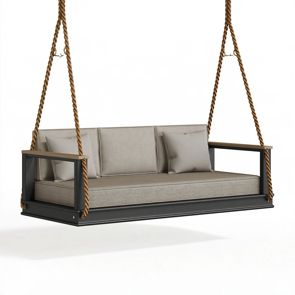 Canapé balançoire suspendu 160 x 70 x 65 cm métal noir textile gris pour terrasse style contemporain
