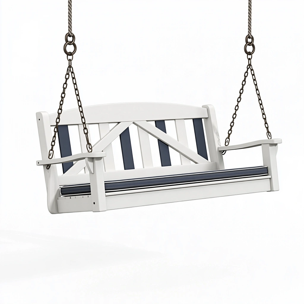 Balancelle de jardin 130 cm en bois blanc avec assise bleu marine