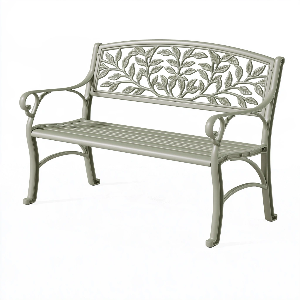 Banc de jardin 122 cm en métal gris à dossier végétal style classique