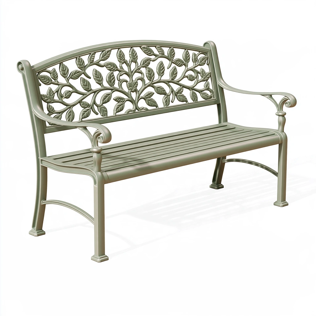 Banc de jardin 120 x 60 x 90 cm en métal vert sauge style classique à motif feuillage