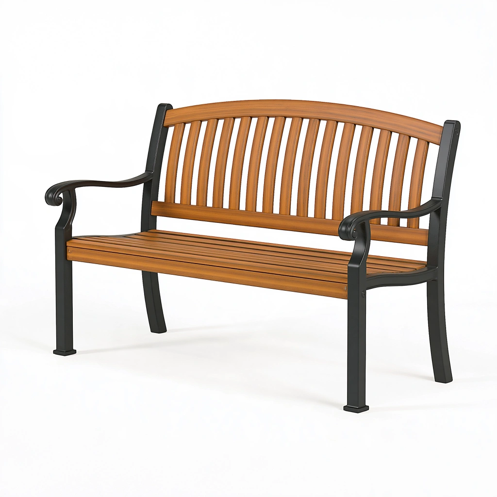 Banc de jardin 120 cm en bois et métal marron noir avec accoudoirs